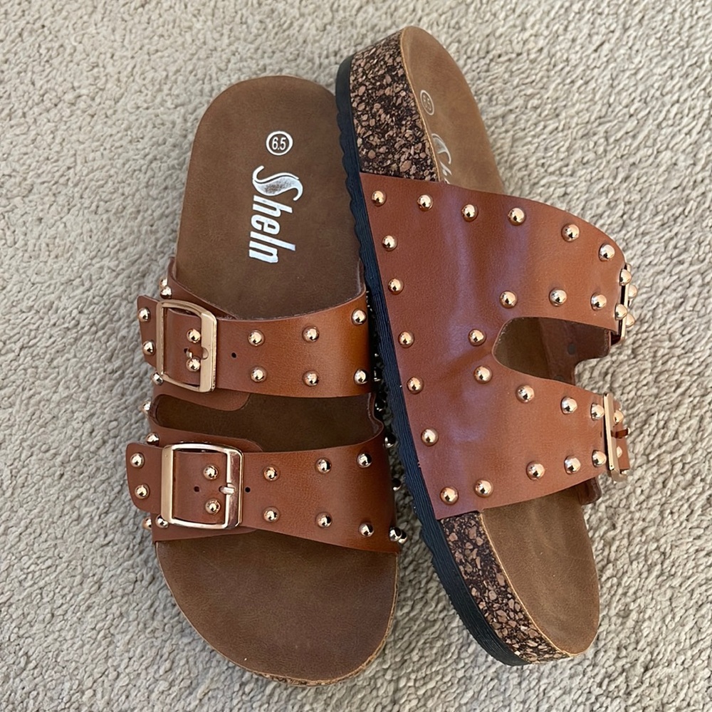 SHEIN Brown Studded Double Buckle Slide Sandals